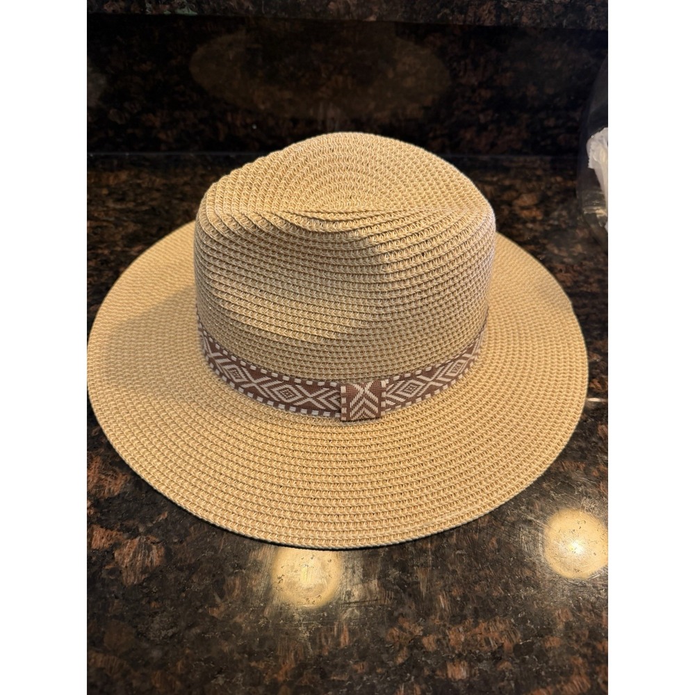 Women's Wide Brim Woven Paper Sun Hat Beige/Brown Geometric Band Size 58